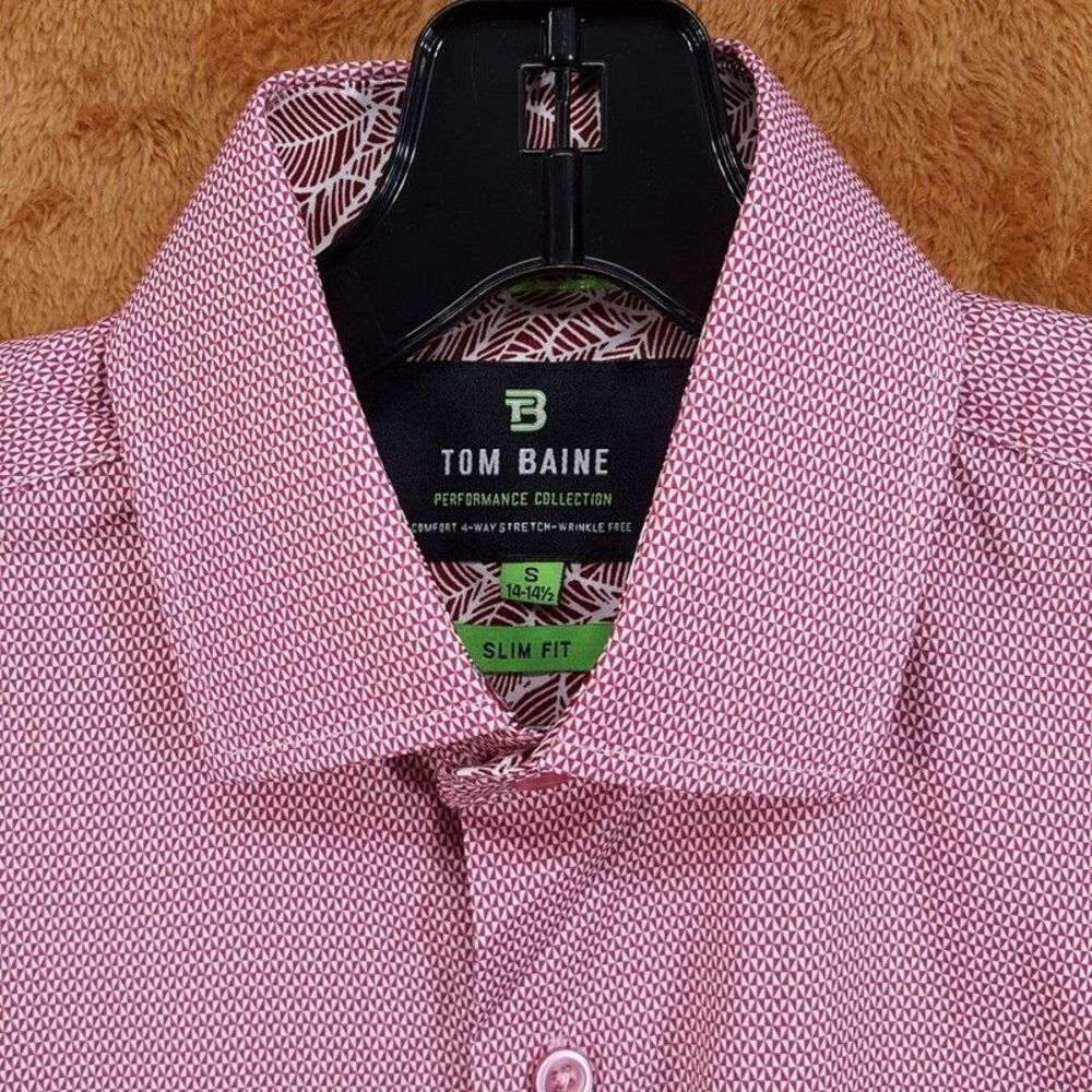 TOM BAINE Dress Shirt Mens 14 14.5 Red Geo Performance Stretch Contrast Cuff